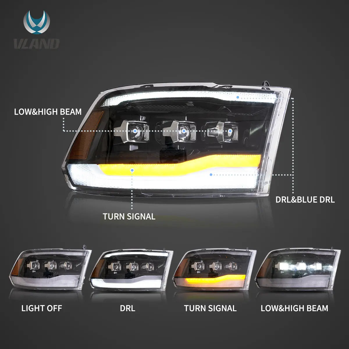 09-18 Dodge Ram 4th Gen 1500 2500 3500 Vland LED Matrix Projector Headlights Czarny - obrazek 3